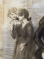 Výstup z midinet (detail) (před rokem 1907). Theophile Alexandre Steinlen (1859-1923). Uhl a pastel na papíře. Musee des Beaux-Arts de la Ville de Paris, PeuPalais.