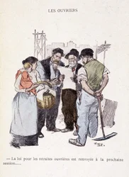 Dělníci: Zákon o dělnických důchodech se odkládá na příští zasedání... - v „“In life””, od Steinlena 1901