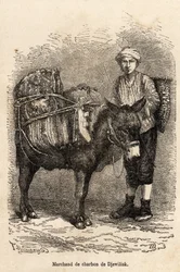 Obchodník s uhlím se svým oslem v Djewilisk (Severní Anatolie), vyrytý podle kresby vypravěče, ilustrující cestu v Lazistánu a Arménii, z roku 1869, od Theophila Deyrolla, publikované v „“Le tour du monde““ 1875, editoval Edouard Charton