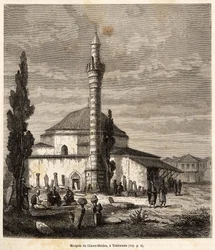 Mešita Giaour-Meidan (Giaour Meidan) v Trebizondu, dnešním Trabzonu na tureckém pobřeží Černého moře, kdysi byzantský kostel, rytina podle kresby vypravěče, ilustrující cestu do Lazistánu a Arménie z roku 1869, od