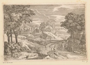 Arkádská krajina se ženou sedící u vázy a dalšími postavami Suite de Paysages (název série)
