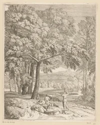 Arkádská krajina se dvěma muži a ženou nesoucí košík Suite de paysages (název série)