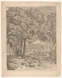 Arkádská krajina se dvěma muži a ženou nesoucí košík Suite de paysages (název série)