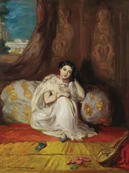 Mladá maurská dívka sedící v bohatém interiéru, Almée, 1853.