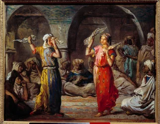 Orientalismus: "" Tkáňový tanec: marocké tanečnice"" Obraz Theodora Chasseriaua (1819-1856) 19. století Sun. 0,32 x 0,4 m