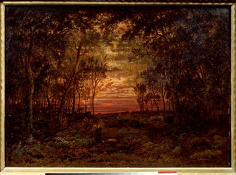 Západ slunce v lese Obraz Theodora Rousseaua (1812-1867) Barbizonská škola z 19. století. Ztlumit. 0,46x0,62m. Olej na plátně. .