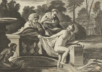 Zuzana, částečně nahá a vystupující z kašny, se dvěma starci vlevo, z nichž jeden..., kolem roku 1656-60