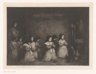 Skupina dívek v modlitbě před sochou Marie La Priere (název na objektu) Eaux-Fortes Modernes: Originales et Inédites (název série)