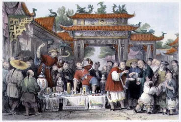 Potulný doktor v Tien-Sing, z „Čína v řadě pohledů“ od George Newenhama Wrighta (asi 1790-1877) 1843 (barevná rytina)