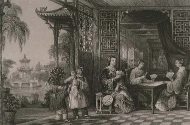 Dámy z mandarínské rodiny v Cards, z „Čína v řadě pohledů“ od George Newenhama Wrighta (asi 1790-1877) 1843 (rytina)