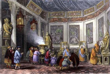 Smírné obětiny za zemřelé příbuzné, rytina E. Challis (rytina)