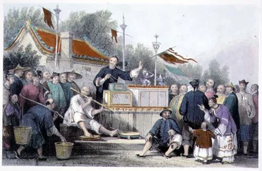 Raree Show v Lin-Sin-Choo, z „Čína v sérii pohledů“ od George Newenhama Wrighta (asi 1790-1877) 1843 (barevná rytina)