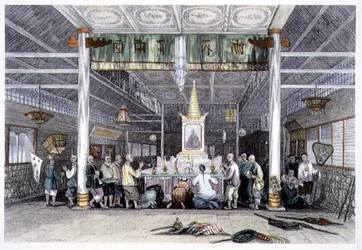 Buddhův chrám, Kanton, z „Čína v řadě pohledů“ od George Newenhama Wrighta (asi 1790-1877) 1843 (barevná rytina)