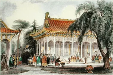 Audienční síň v paláci Yuen-ming-Yuan, Peking, kolem roku 1850 (barevné lito)