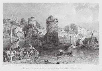 Vodárenská věž, z Dee Basin, Chester (rytina)