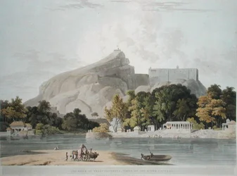 Skála Trichinopoly na řece Cauvery, deska 45 z knihy "Orientální scenérie: Pohledy z Hindoostánu", rytina Thomase a Williama (1769-1837) Daniellových