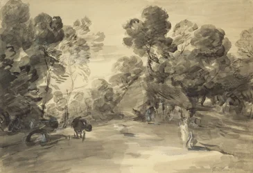 Zalesněná krajina s postavami, chalupou a krávou, cca 1785 (mytí a křída s kvašem na papíře)