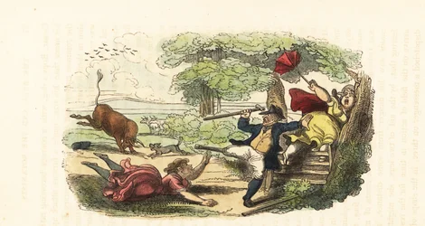 Rodina botaniků napadena útočícím býkem na poli. ,1831 (rytina)