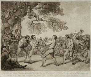 Boxerský zápas mezi Danielem Mendozou a Richardem Humphreysem ve Stiltonu, Huntingdonshire, 6. května 1789, vyryl Joseph Grozer (asi 1755-99) (rytina)