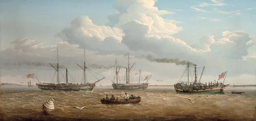 Tři kolesové parníky, "Kingston", "Prince Frederick" a "Calder" ze Selby v Hull Roads, asi 1823 (olej na plátně)