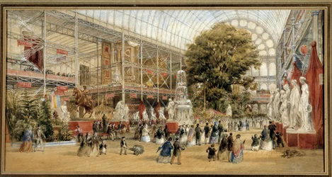 Královna Viktorie (1819-1901) navštíví výstavu z roku 1851 v Crystal Palace v Londýně. Světová výstava 1851. Obraz Thomase Abiela Priora (1809-1886) Ec. Ang.