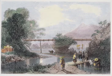 Bambusový akvadukt v Hong Kongu, vyrytý Henrym Adlardem, z „Čína v řadě pohledů“ od George Newenhama Wrighta (c.1790-1877) 1843