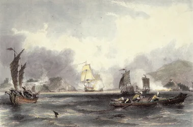 HM lodě Imogene a Andromache proplouvající bateriemi Bocca-Tigris, kolem roku 1850