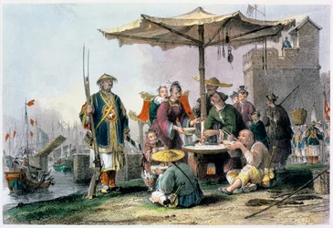 „Prodavači rýže na vojenské stanici Tong-Chang-Too“, Čína, 1843