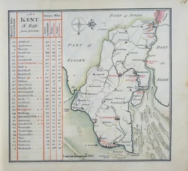Kent, deska 39r, z Kompletní sady map Anglie a Walesu obecně..., 1724 (pero a inkoust a wc na papíře)