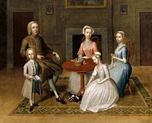 Skupinový portrét, možná rodiny Brewsterů, v domácím interiéru, 1736