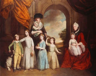 Skupinový portrét zbabělých dětí, celovečerní, před obloukem s krajinou za hranicemi, 1776