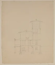 Kresba navrhované vily v Catskill, kolem 1801-48 (grafitová tužka na špinavě bílém tkaném papíře)