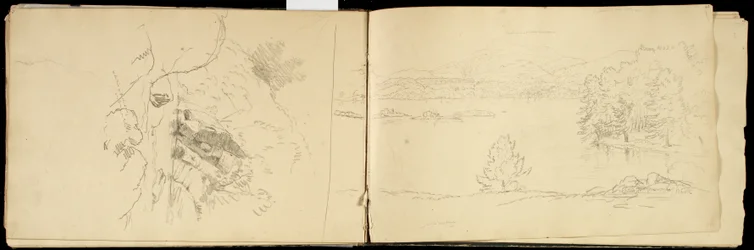 Hoosick nebo Saddle Mountain and Lake near Pittsfield, c.1832 (grafitová tužka na špinavě bílém tkaném papíře) (viz také 3514873)