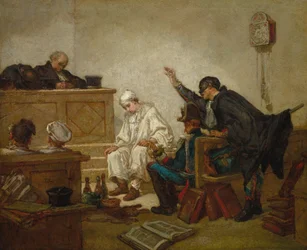 Pierrot u trestního soudu, asi 1864-70 (olej na dřevěné desce)