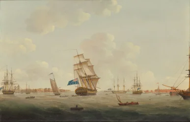 Panorama přístavu Portsmouth s válečnými muži a dalšími loděmi