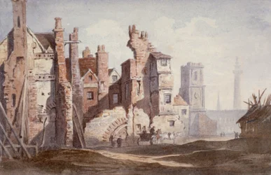 Demolice starých domů poblíž Walbrooku, aby uvolnily místo King William Street, City of London, 1834.
