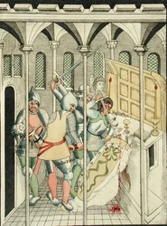 Atentát na svatého Tomáše Becketa (asi 1118-70) v Canterbury, z Kaple Nejsvětější Trojice ve Stratford Upon Avon