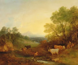 Krajina s dobytkem a postavami u potoka a vzdáleného mostu, kolem 1772-4 (olej na plátně)
