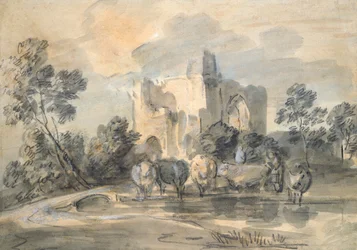 Krajina se zříceninou hradu a dobytek u bazénu, 1770. léta