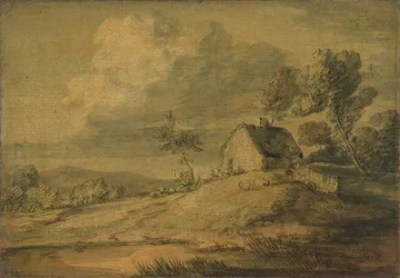 Zalesněná krajina s chalupou, krávami a ovcemi, ca. 1770.
