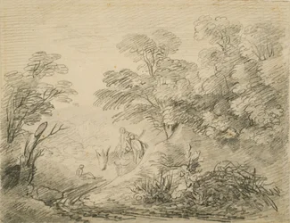 Zalesněná krajina s oslem a postavami, cca 1759 (grafit na papíře)