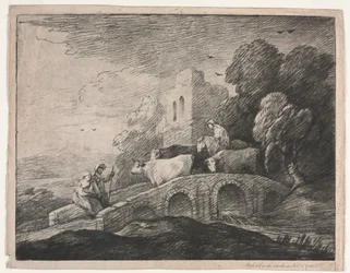 Zalesněná krajina s pastevci pohánějícími dobytek, 1779-1780.
