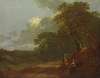 Zalesněná krajina s mužem mluvícím se dvěma sedícími ženami, ca. 1745.