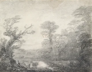 Zalesněná krajina s pastevcem, krávami a kostelní věží, 1753-1757