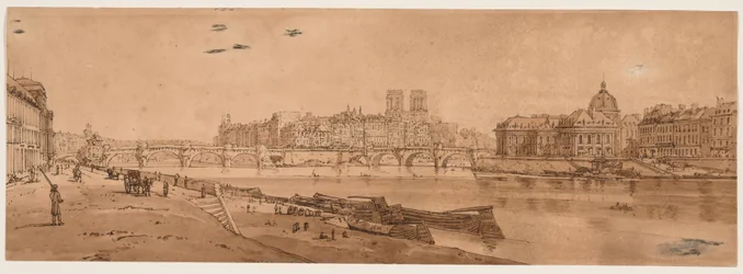 Výběr dvaceti nejmalebnějších pohledů v Paříži: Pohled na Pont Neuf, část Louvru, Notre-Dame a Collège des Quatre-Nations