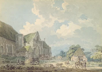 Desátková stodola v Abbotsbury s opatstvím na kopci..., kolem roku 1795 (wc nad grafitem na papíře)