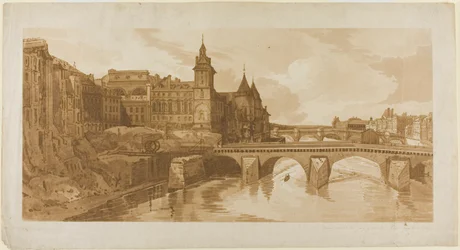 Pohled na Pont au Change, Městské divadlo, Pont Neuf, věznici Conciergerie atd. převzatý z Pont Notre Dame, z Výběru dvaceti nejmalebnějších pohledů v Paříži