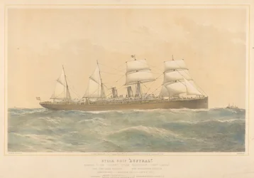 Parní loď Austral patřící společnosti Orient Steam Navigation Company Limited, asi 1868-74 (kolorovaná litografie)