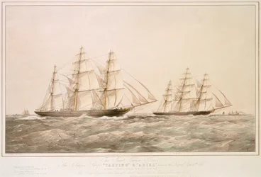 Velký čínský závod: Clipperovy lodě "Taeping" a "Ariel" míjejí Ještěrčí jezero 6. září 1866 na zpáteční cestě z Foo-Chow-Foo