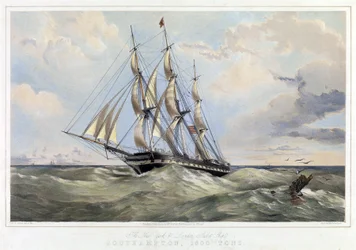 New York linka plachetnice (Spojené státy) Londýn (Anglie), Southampton (kapacita 1600 tun). Barevná litografie, Thomas Goldsworth Dutton (1819-1891)